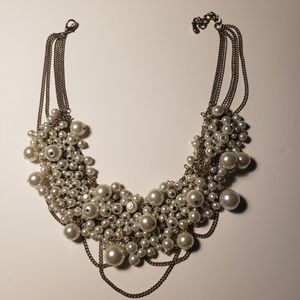 Vintage White Pearl and Silvertone Chains Bib Necklace